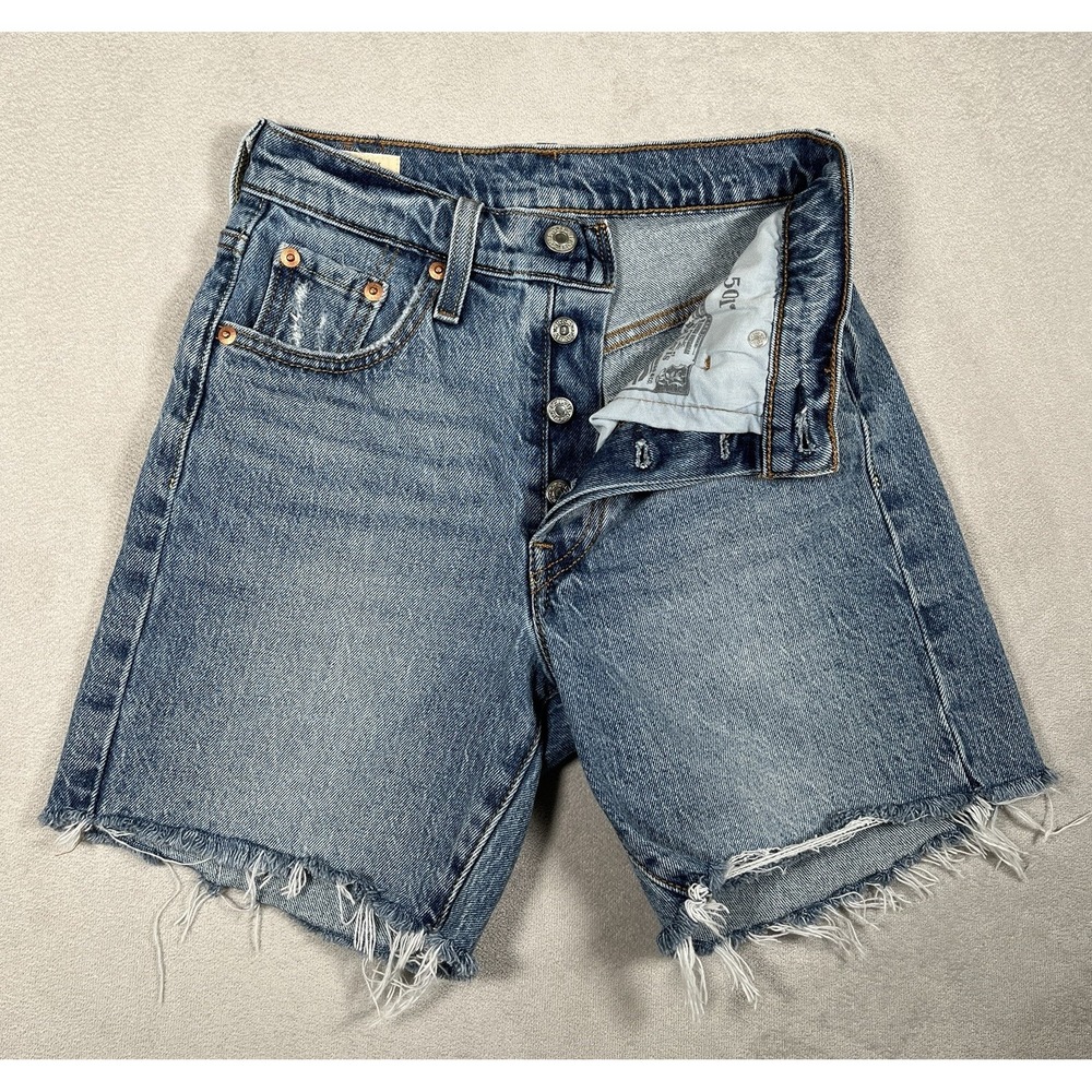 Levi's Premium 501 High Rise Mid Thigh Shorts Womens Size 23 Distressed Cut Off